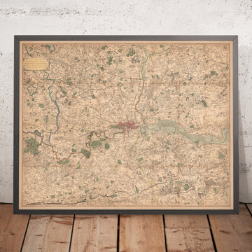 Antigua mapa de Londres y sus suburbios (25 millas) en 1790, por W. Faden - Kent, Sussex, Surrey, Essex, Middlesex, Hertfordshire 