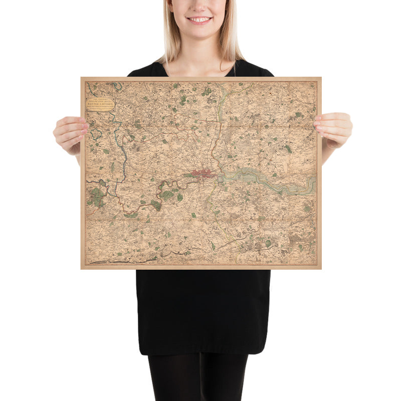 Old Map of London and Suburbs (25 miles) in 1790, by W. Faden - Kent, Sussex, Surrey, Essex, Middlesex, Hertfordshire