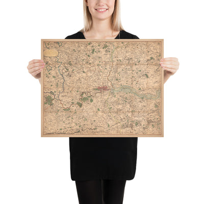 Old Map of London and Suburbs (25 miles) in 1790, by W. Faden - Kent, Sussex, Surrey, Essex, Middlesex, Hertfordshire