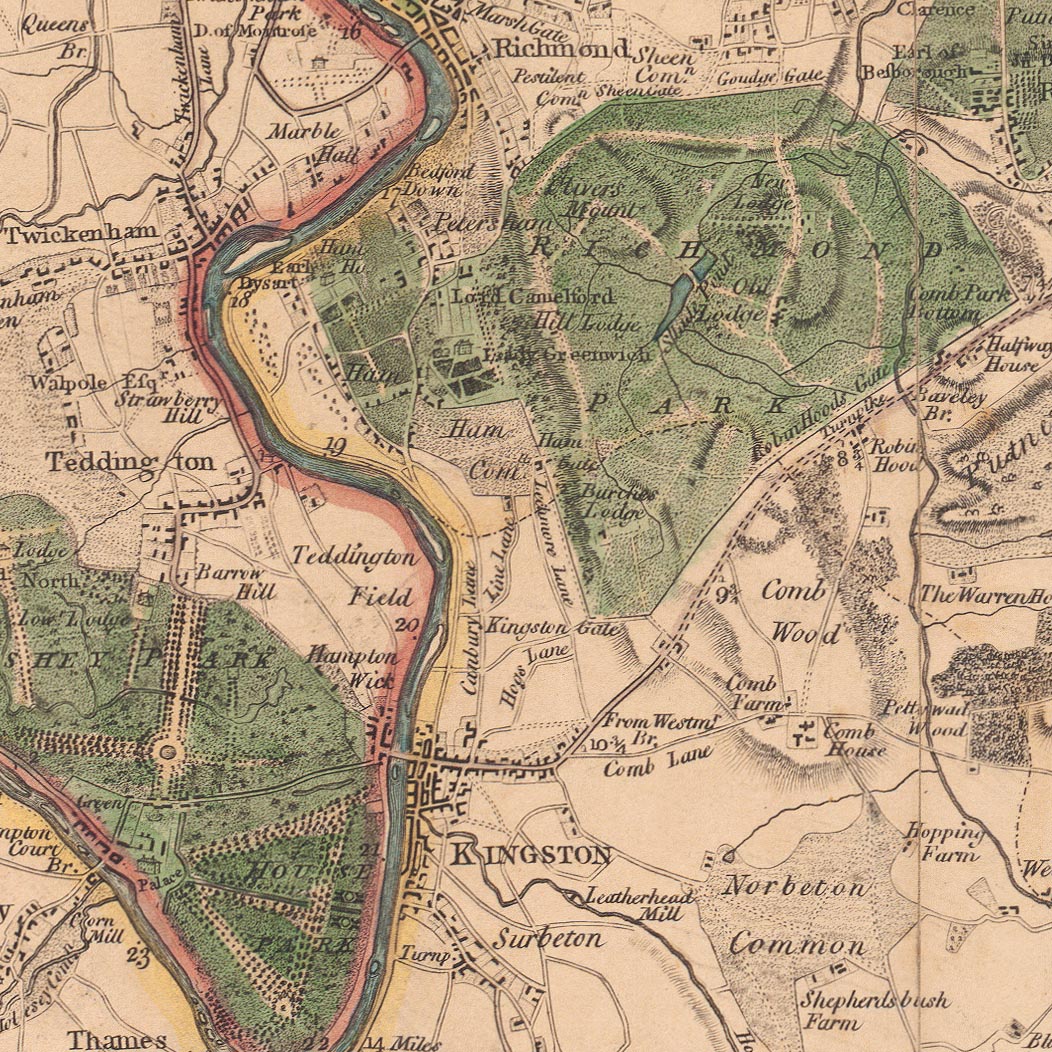 Old Map of London and Suburbs (25 miles) in 1790, by W. Faden - Kent, Sussex, Surrey, Essex, Middlesex, Hertfordshire