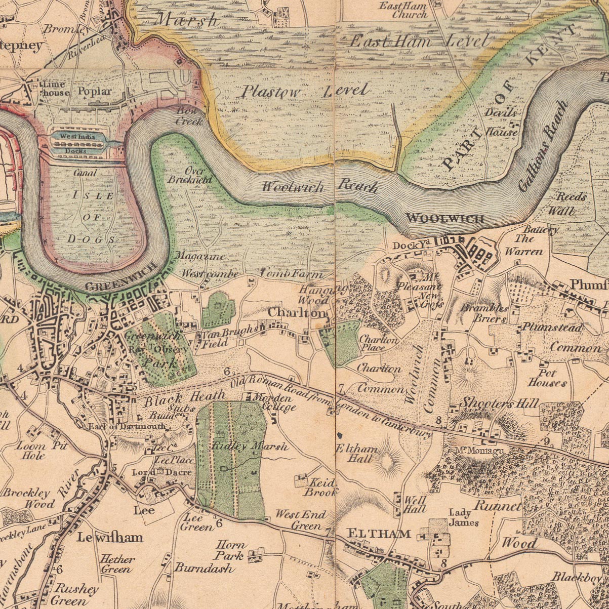 Old Map of London and Suburbs (25 miles) in 1790, by W. Faden - Kent, Sussex, Surrey, Essex, Middlesex, Hertfordshire