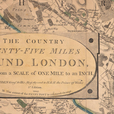 Old Map of London and Suburbs (25 miles) in 1790, by W. Faden - Kent, Sussex, Surrey, Essex, Middlesex, Hertfordshire