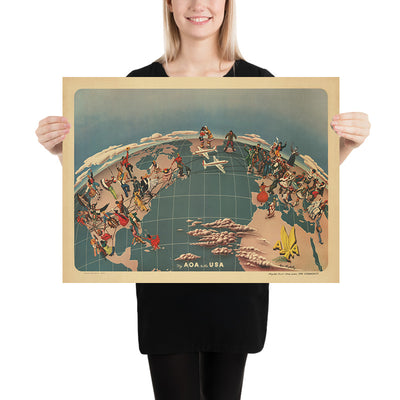 Old American Overseas Airlines World Map, 1947: Cultural Unity, Post-War Optimism, Bird’s-Eye View