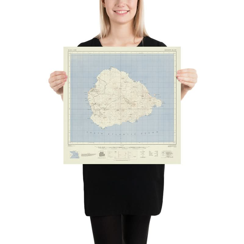 Mapa antiguo de la Isla Ascensión, 1964: Green Mountain, Georgetown, carreteras, topografía, estilo Ordnance