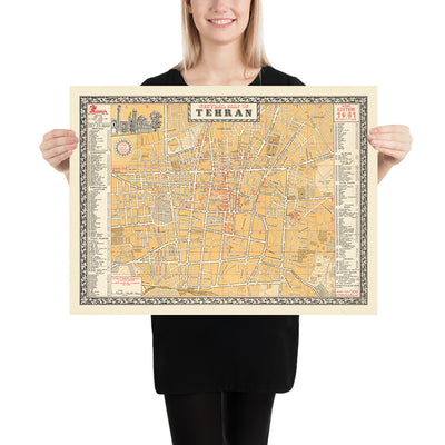 Old Street Map of Tehran by Sahab, 1961: Mosques, Tehran University, Embassies, Park-e-Shahr, Major Avenues