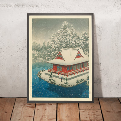 A framed image of Benten Shrine in the Snow at Inokashira Park by Hasui Kawase, 1935