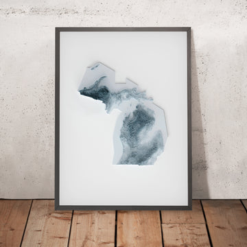 Ein gerahmtes Bild einer topografischen Reliefkarte von Michigan im 3D-Stil
