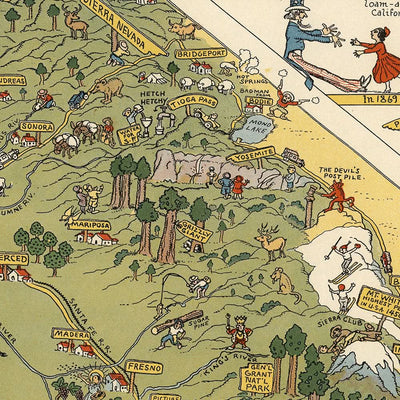 Alte Bildkarte von Kalifornien von Mora, 1927: LA, SF, Yosemite, Sierra Nevada, Goldrausch