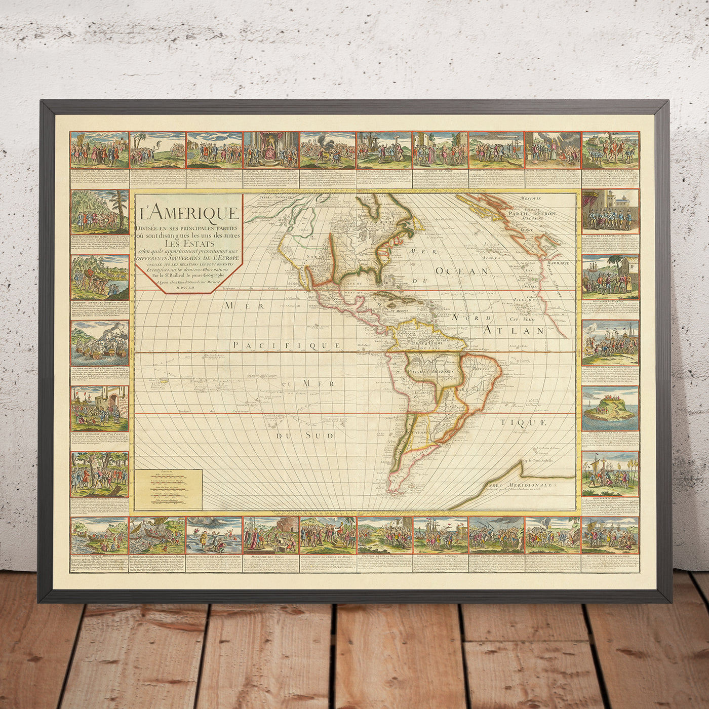 Large Old French Map of the Americas by Bailleul, 1752: Illustrated Exploration & Colonialism, French & Spanish Claims