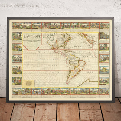 Large Old French Map of the Americas by Bailleul, 1752: Illustrated Exploration & Colonialism, French & Spanish Claims