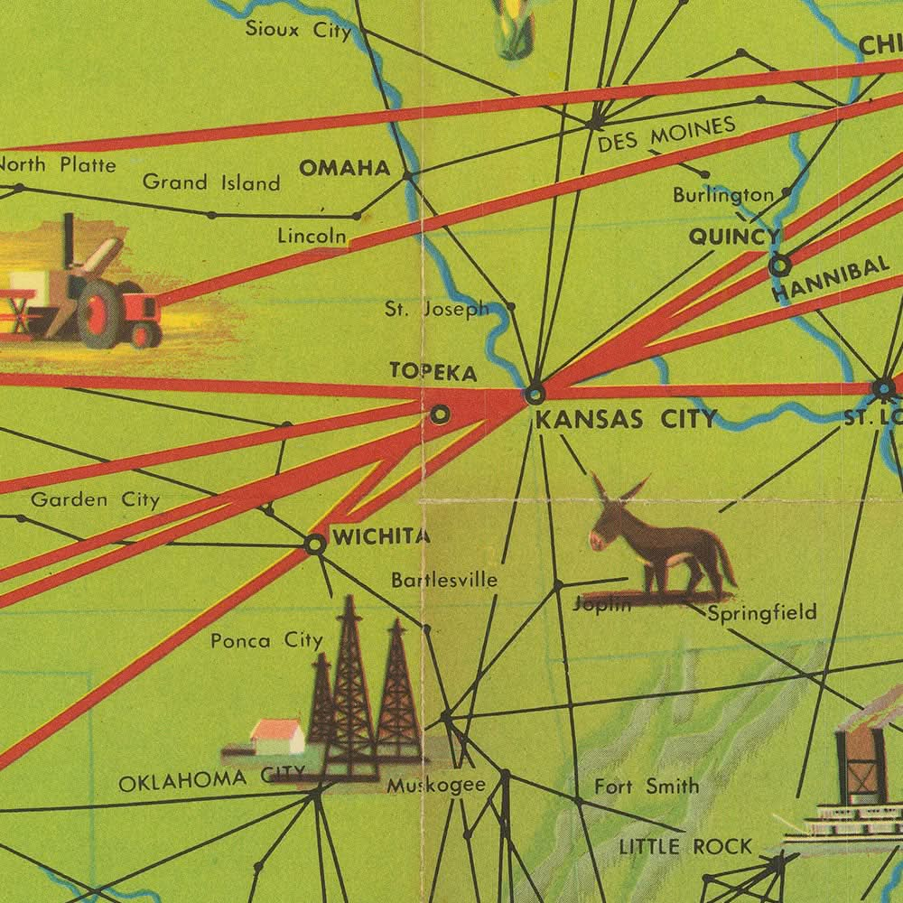 Mapa ilustrado antiguo de Estados Unidos, 1948: Nueva York, Los Ángeles, Chicago, rutas de la TWA, lugares de interés