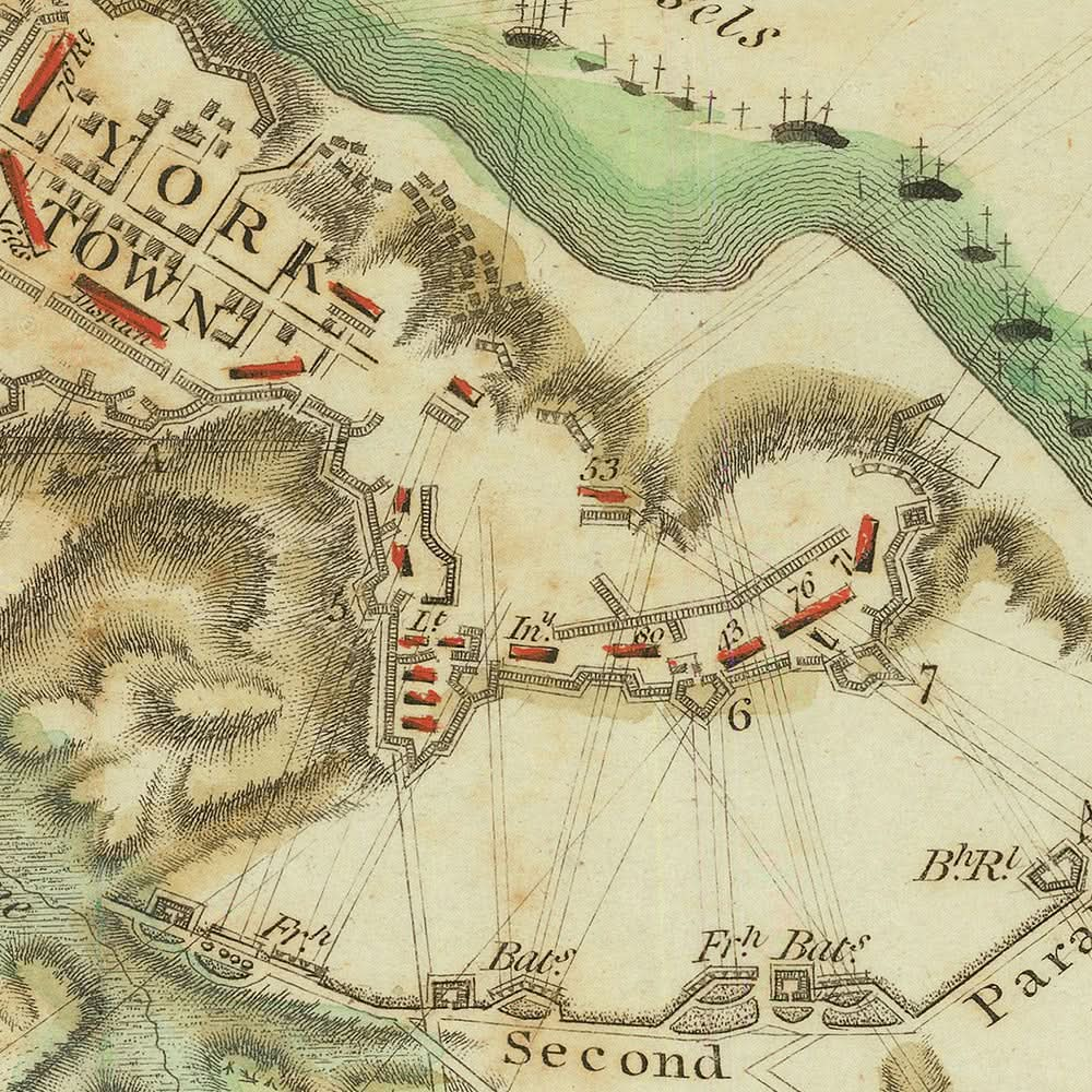 Ancienne carte militaire du siège de Yorktown par Stedman, 1793 : Yorktown, Gloucester, redoutes 9 et 10, flotte française, Washington