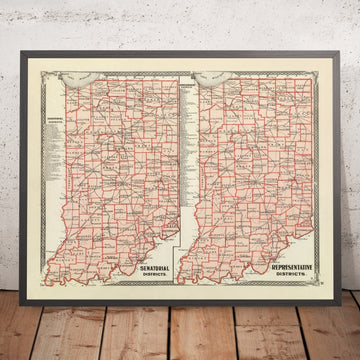 Antiguo mapa político de Indiana de Andreas, 1876: Indianapolis, Fort Wayne, Evansville, South Bend, ríos Wabash y Ohio 