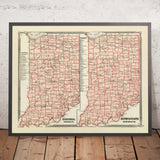 Ancienne carte politique de l’Indiana par Andreas, 1876 : Indianapolis, Fort Wayne, Evansville, South Bend, Wabash et fleuves de l’Ohio 
