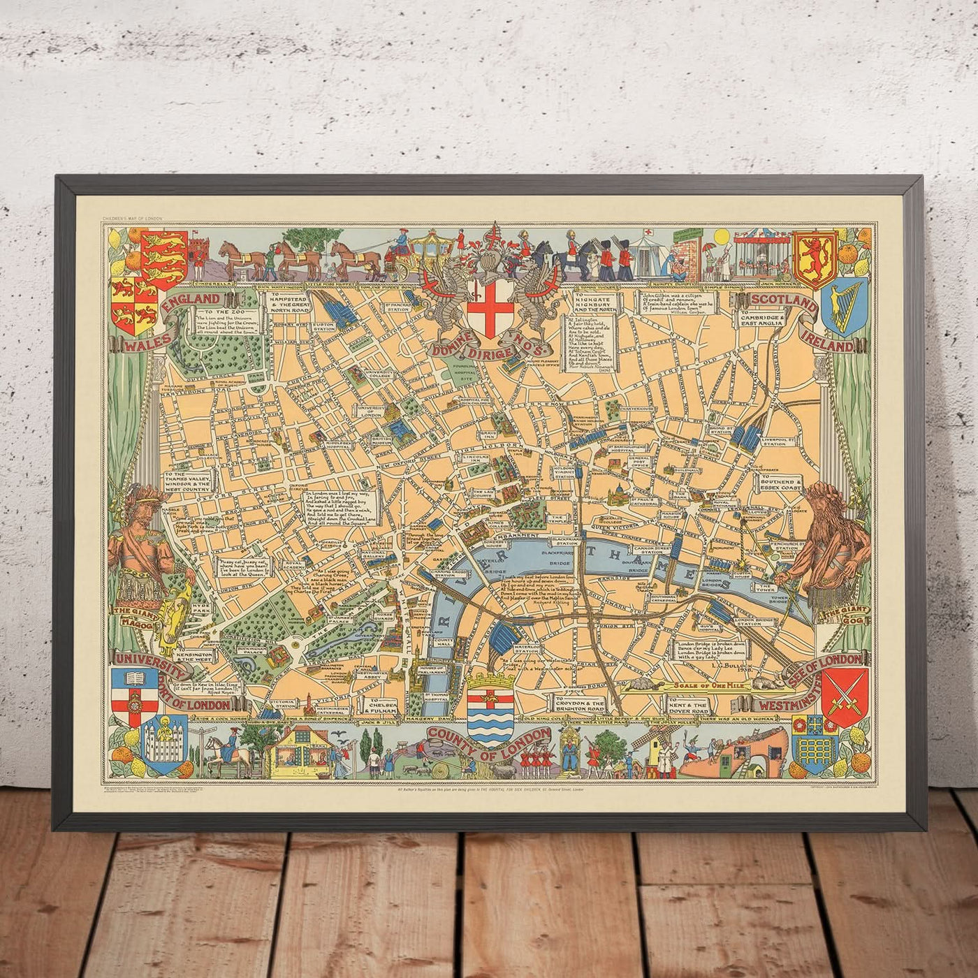 Antiguo mapa ilustrado de Londres por Bullock, 1938: Torre de Londres, San Pablo, Westminster, Hyde Park, Támesis.