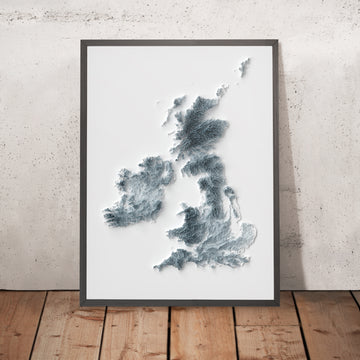 Una imagen enmarcada de un mapa topográfico en relieve en 3D de las Islas Británicas (Inglaterra, Gales, Escocia, Irlanda del Norte, Irlanda)