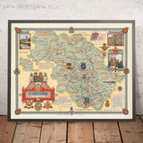 Mappa Pittorica Antica del West Riding dello Yorkshire di Clegg, 1946: Leeds, Bradford, Fiumi, Citazioni di Churchill, Stemmi 