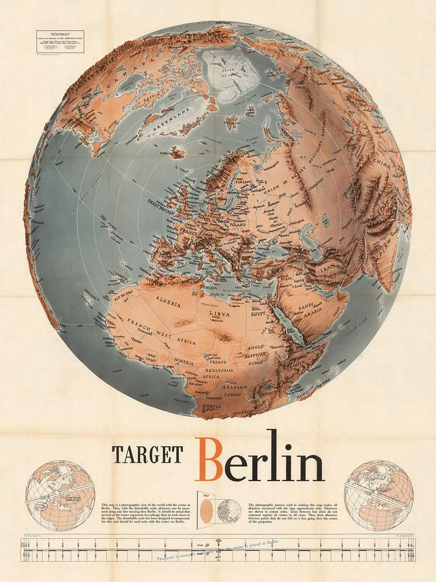 Ancienne carte mondiale de la Seconde Guerre mondiale par Manning, 1943 : "Cible Berlin" Tableau des distances des bombardiers 