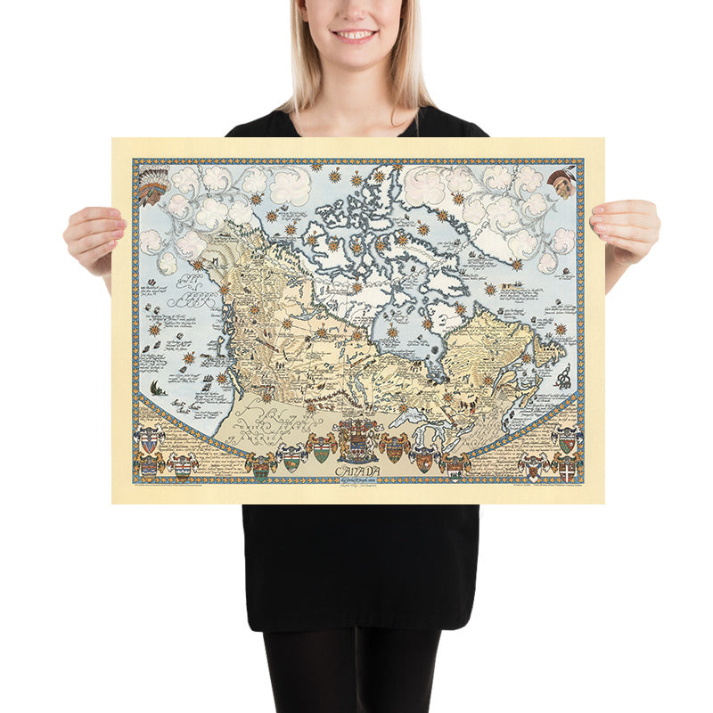 Old Pictorial Map of Canada by Furse, 1964: Rockies, Great Lakes, Montreal, Hudson Bay, Wildlife