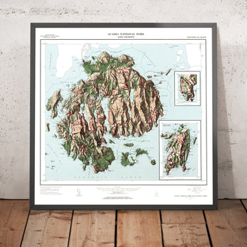 Antiguo mapa en relieve del Parque Nacional Acadia, 1971: Cadillac Mtn, Bar Harbor, Somes Sound, Schoodic, Jordan Pond 