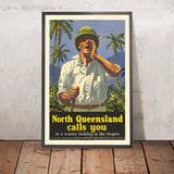 Póster de viaje del norte de Queensland: vacaciones de invierno en los trópicos de Percy Trompf, 1930 