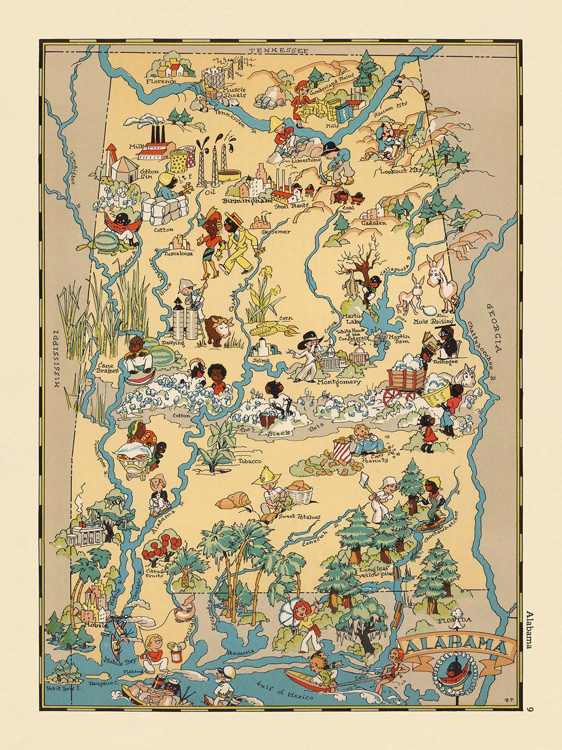 Pictorial Map of Alabama by Ruth Taylor White, 1935: Birmingham, Montgomery, Mobile, Cotton Fields, Rivers