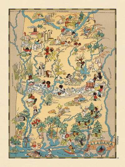 Pictorial Map of Alabama by Ruth Taylor White, 1935: Birmingham, Montgomery, Mobile, Cotton Fields, Rivers