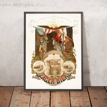 A framed image of Conrad Stein’s Vintage Lager Beer Poster by Moritz Ulffers, 1877