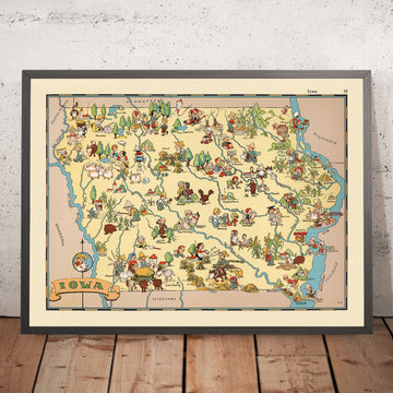 Pictorial Map of Iowa by Ruth Taylor White, 1935: Des Moines, Cedar Rapids, Davenport, Corn Farming, Mississippi River