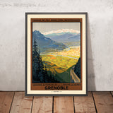 Póster de viaje de Grenoble: Services automobiles de la route des Alpes de Roger Broders, años 1920 