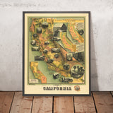 Old Pictorial Map of California by Johnstone, 1885: Los Angeles, San Diego, San Francisco, Fresno, Sacramento