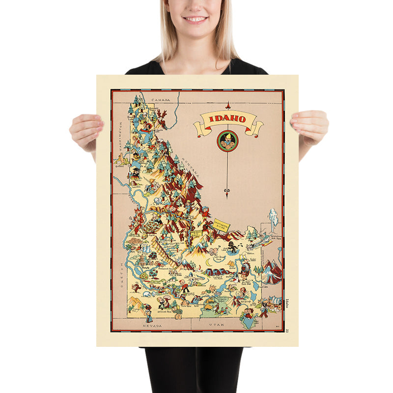 Pictorial Map of Idaho by Ruth Taylor White, 1935: Boise, Snake River, Mining, Forestry, Agriculture, County Boundaries