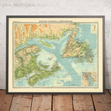 Antiguo mapa de Halifax, Terranova, Nueva Escocia y Nuevo Brunswick, de Bartholomew, 1922 