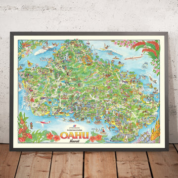 Old Pictorial Map of Oahu, Hawaii by Forrest, 1978: Honolulu, Waikiki Beach, Diamond Head, Pearl Harbor, Ko&