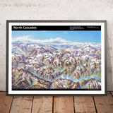 Alte Vogelschaukarte des North Cascades Nationalparks von Berann, 1989: Mount Baker, Glacier Peak, Ross Lake 