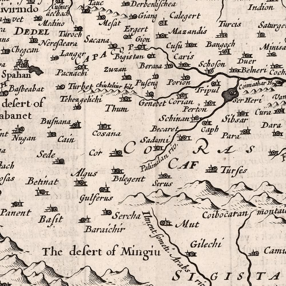 Mapa antiguo de Irán, realizado por Speed, 1676: Isfahán, mar Caspio, golfo Pérsico, Shiraz y Tabriz