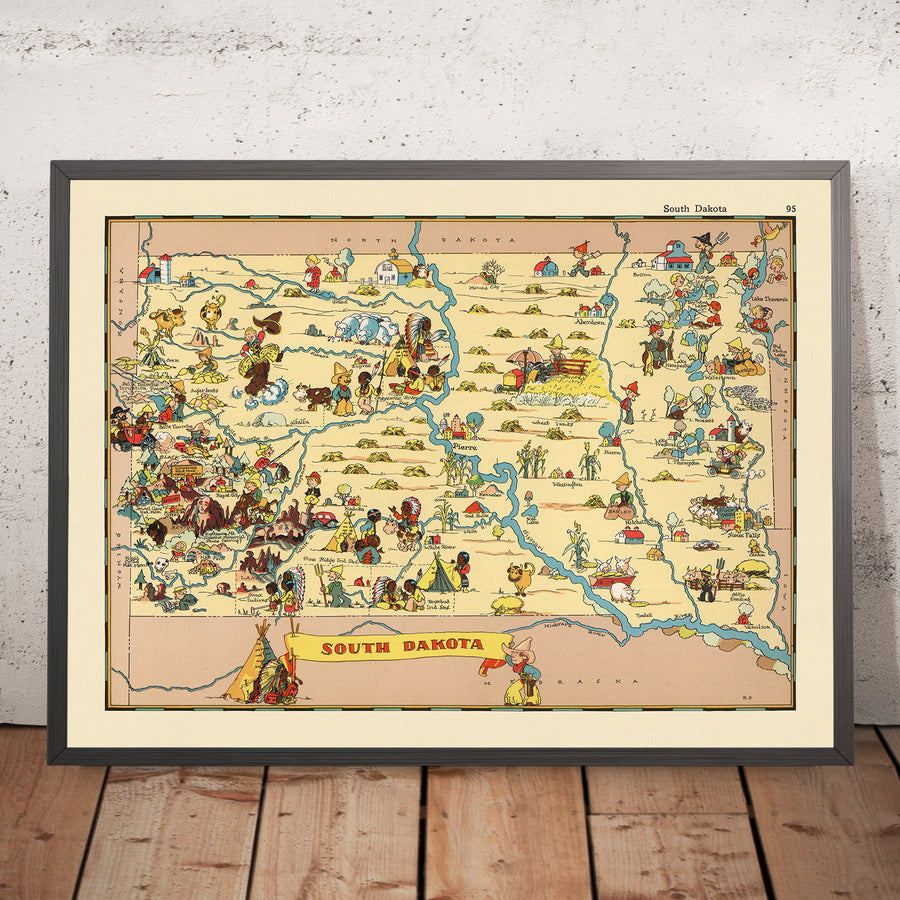 Mappa pittorica del Dakota del Sud di Ruth Taylor White, 1935: Sioux Falls, Black Hills, Monte Rushmore, Fiume Missouri, Badlands 