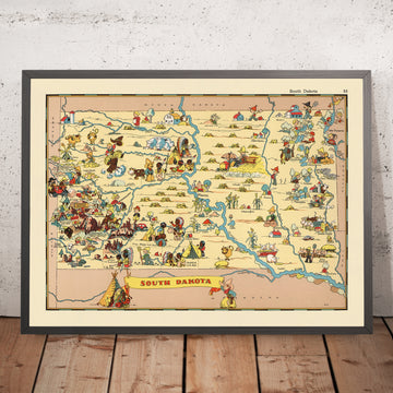 Carte picturale du Dakota du Sud par Ruth Taylor White, 1935 : Sioux Falls, Black Hills, Mont Rushmore, rivière Missouri, Badlands 