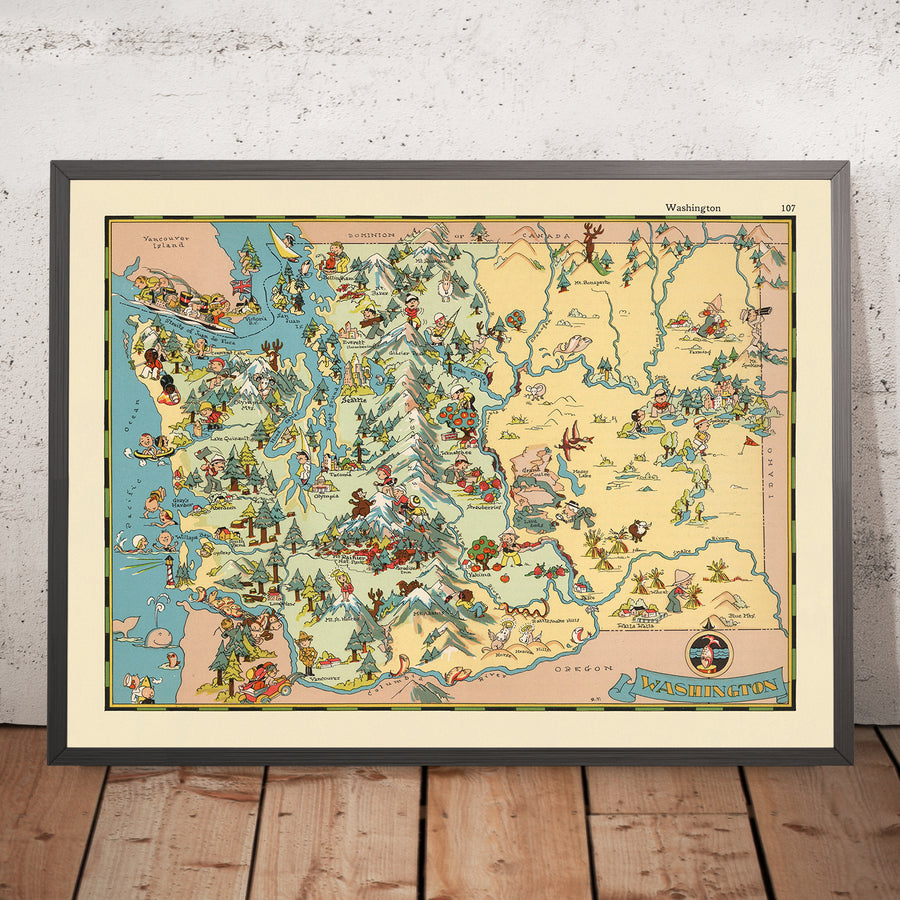 Mappa illustrata dello Stato di Washington di Ruth Taylor White, 1935: Seattle, Monte Rainier, Fiume Columbia, Monti Olimpici, Diga di Grand Coulee 