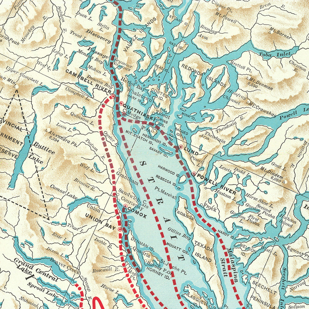 Old Map of British Columbia by Poole Brothers, 1911: Vancouver, Victoria, Railroads, Steamship Routes, Vancouver Island