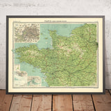 Alte Karte von Nordwestfrankreich von Bartholomew, 1922: Paris, Nantes, Bretagne, Normandie, Seine, Schifffahrtsrouten 