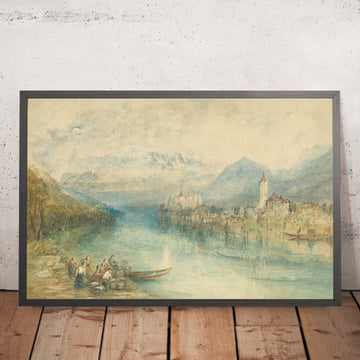Une image encadrée de « Looking towards Lake Thun, from opposite Scherzligen, with Schloss Schadau and the Niesen in the distance, Switzerland (Looking towards Lake Thun) » par Turner, 1804