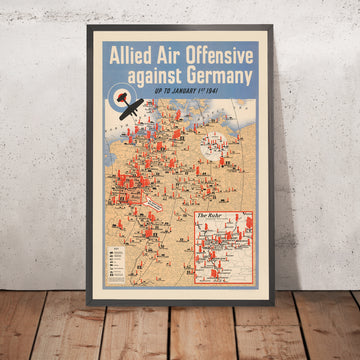 Mapa militar antiguo de la Segunda Guerra Mundial de la ofensiva aérea aliada contra Alemania, 1941: Berlín, Hamburgo, Múnich, Rin y Elba, detalle del Ruhr 