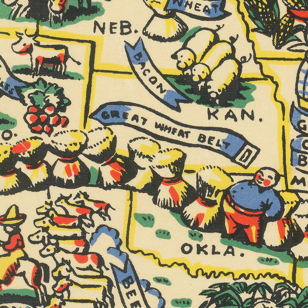 Old Gastronomical Map of the USA, 1939: Great Wheat Belt, Corn Belt, Agriculture, etc.