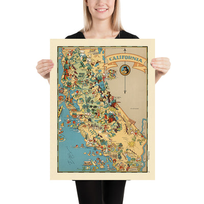 Pictorial Map of California by Ruth Taylor White, 1935: Los Angeles, San Francisco, Yosemite, Sierra Nevada, Hollywood