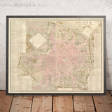 Large Old Map of Milan, 1807: Duomo, Brera, Monte Napoleone, Via Torino, City Walls