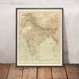 Old Arabic Map of India by Hafiz Ali Esref, 1894: Mumbai, Delhi, Kolkata, Himalayas, Ganges, Railroads