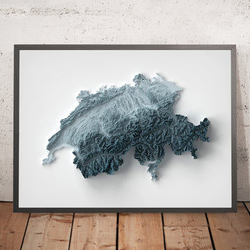 A framed image of a 3D style topographic relief map ofSwitzerland