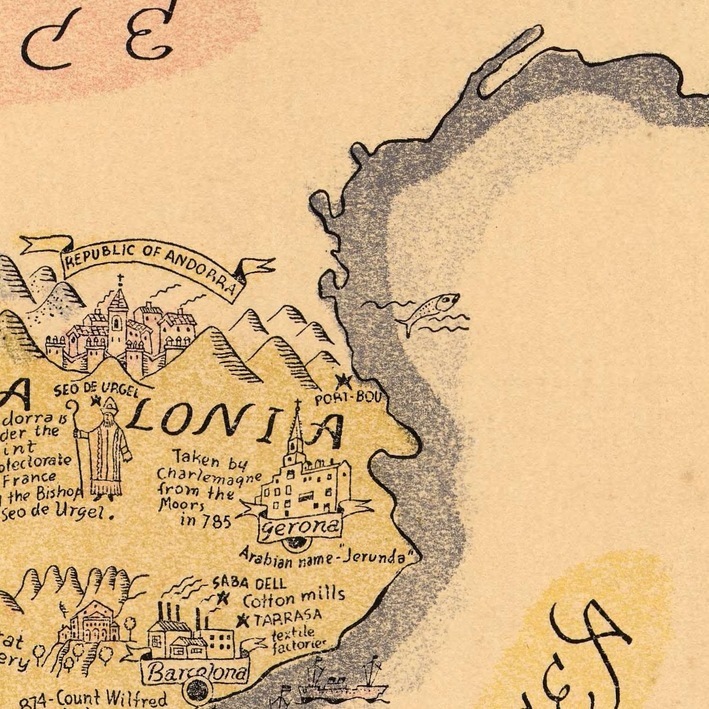 Old Pictorial Map of Spain, 1935: Madrid, Barcelona, Seville, Bay of Biscay, Historical Vessels