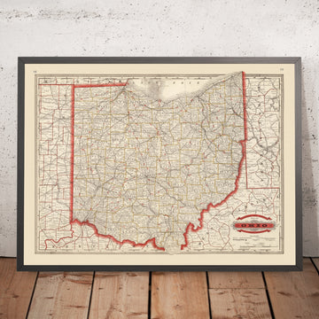 Antiguo mapa del condado de Ohio de Cram, 1882: ferrocarril, Columbus, Cleveland, Cincinnati, Toledo, Akron 